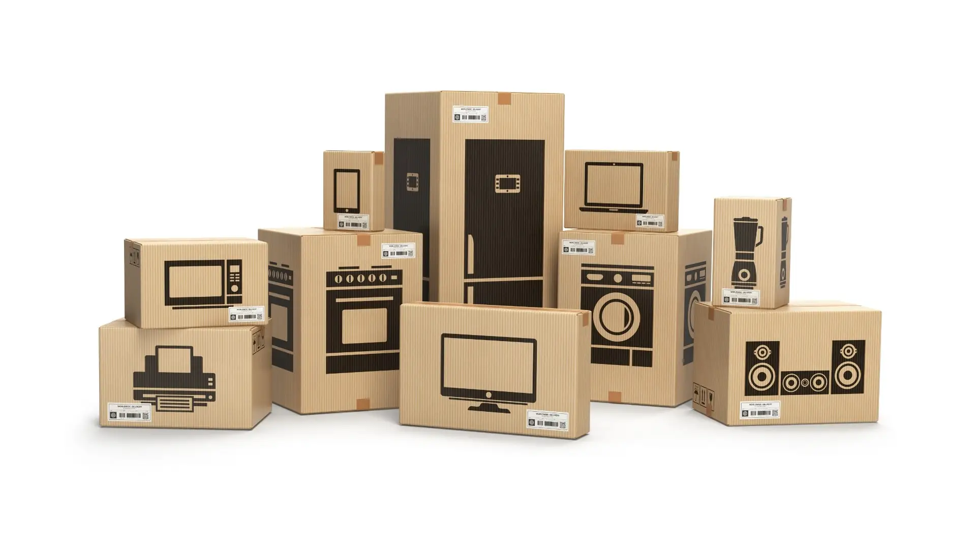 A group of moving boxes with appliances illustrations on them.