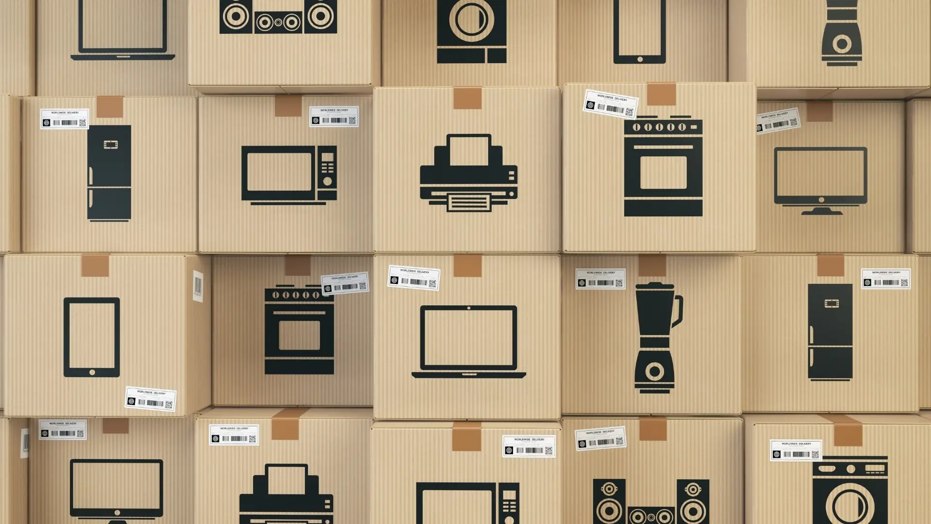 Many boxes with appliance illustrations on them, representing the process of moving.