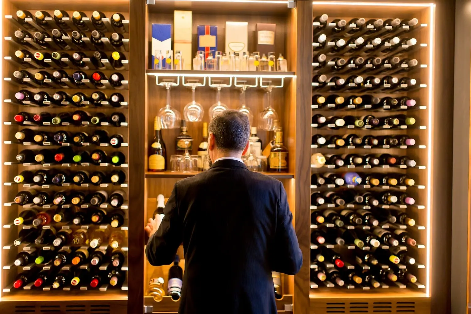 Man facing a fancy wine cellar, trying to choose a bottle.